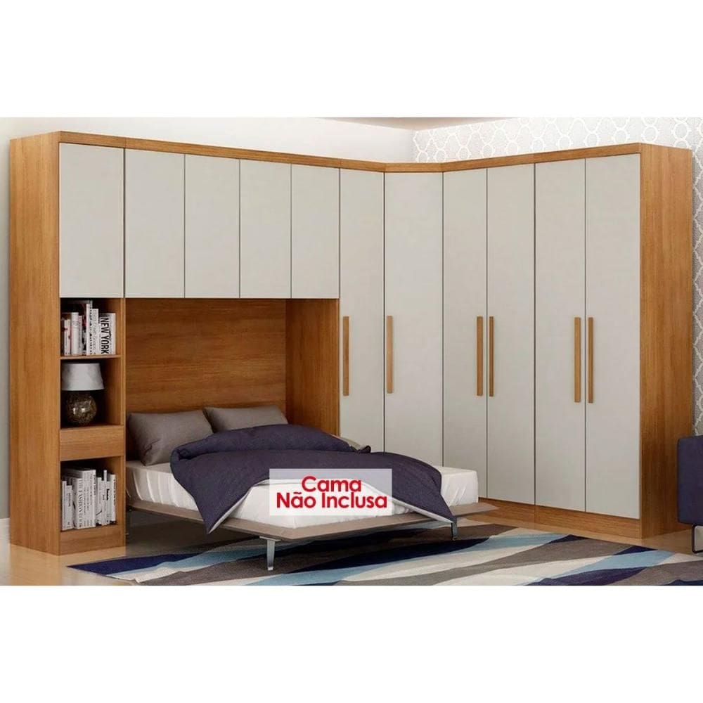 Quarto Casal Completo Rizon/Linea 6 Peças (1 Aéreo + 3 Guarda Roupas + 1 Closet Canto Obliquo + 1 Complemento) QCM109 Cumaru/Fendi - Novo Horizonte