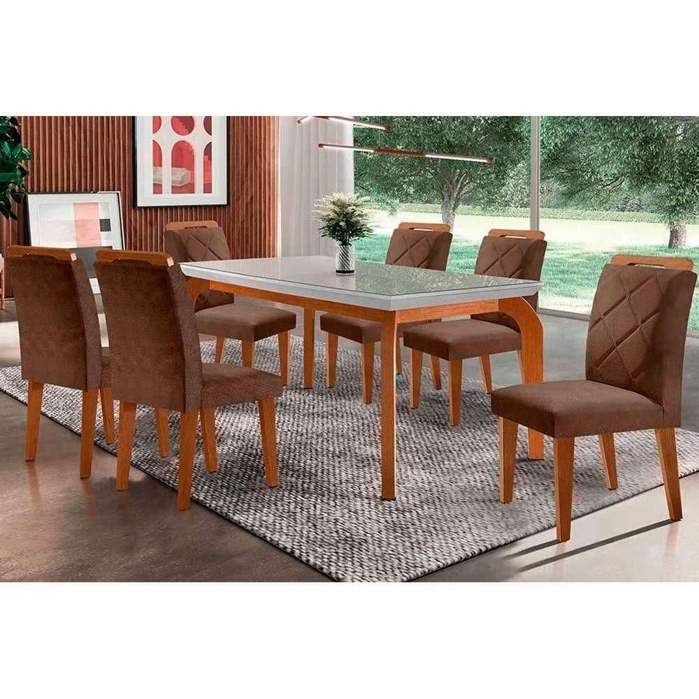 Sala de Jantar Completa Londrina Tampo Madeirado c/ Vidro Curvo 120x80 e 4 Cadeiras Melissa Imbuia-Capuccino/Veludo Capuccino - Rufato