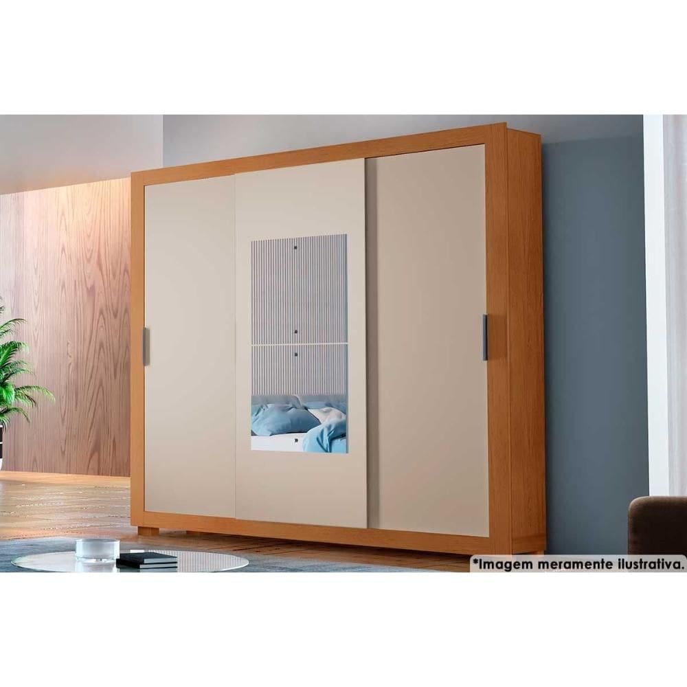 Guarda Roupa Casal 3 Portas de Correr (1 c/ Espelho) e 4 Gavetas c/ Pés Veneza Premium Naturale/Off White - Rufato