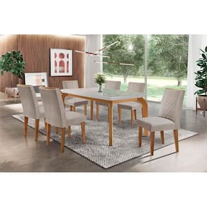 Sala de Jantar Completa Londrina Tampo Madeirado c/ Vidro 180x90cm e 6 Cadeiras Jade Capuccino/Suede Creme - Rufato