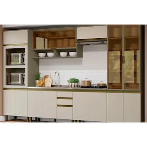 Kit de Cozinha Completa 7 Peças Connect c/ (Torre Quente + Paneleiro + 2 Aéreos + 2 Gabinetes c/ 1 Tampo p/ Cooktop) CZ263 Duna/Cristal - Henn
