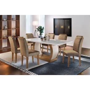 Sala de Jantar Completa Jade Tampo Madeirado c/ Vidro Canto Curvo 180x90cm e 6 Cadeiras Athenas Capuccino/Suede Capuccino - Rufato