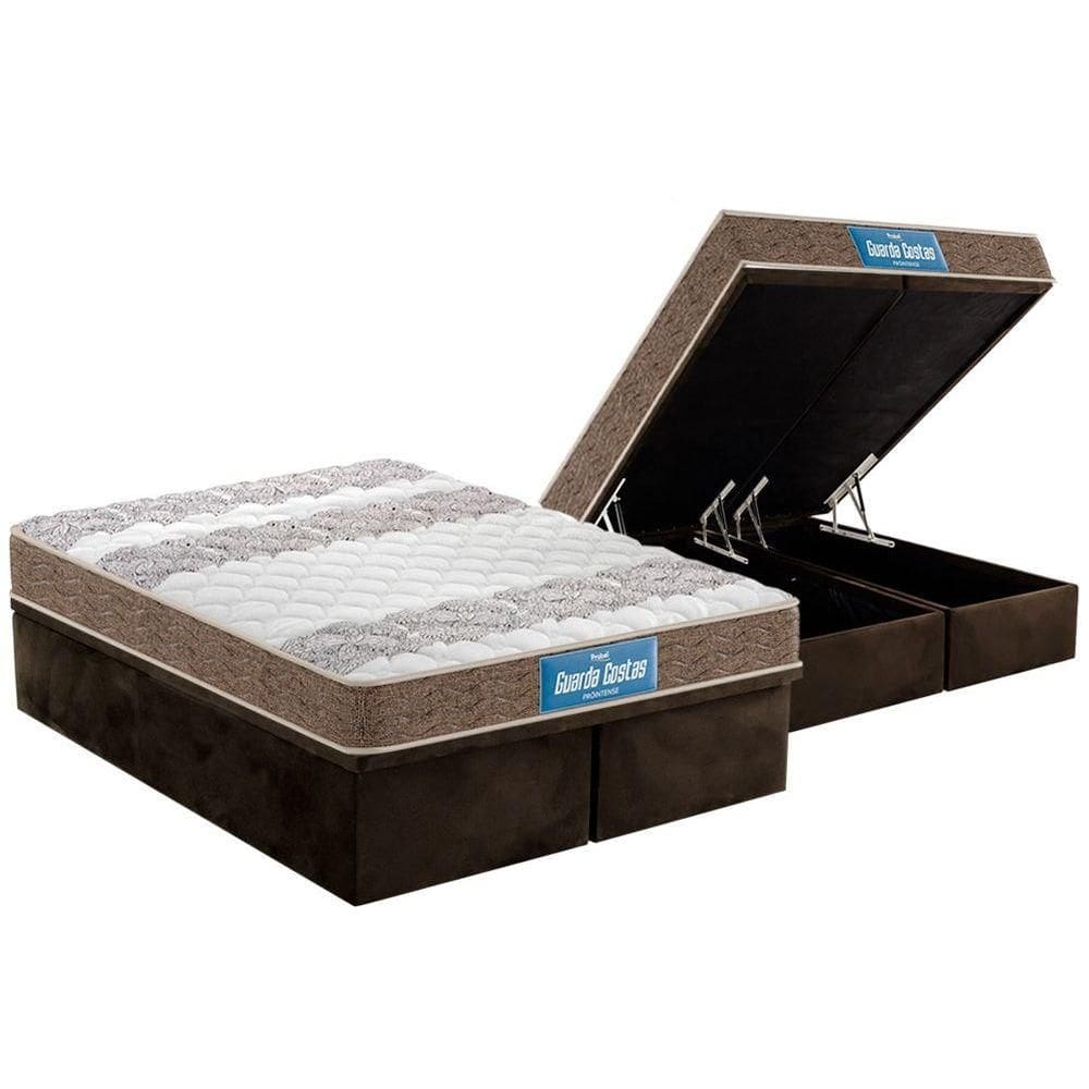 Cama Box Baú Queen: Colchão Espuma D33 Probel / EP Guarda Costas PróIntense Double Face + Base CRC Suede Brown(158x198)