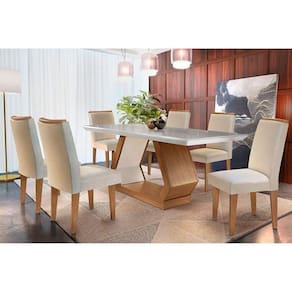 Sala de Jantar Completa Alvorada Tampo Madeirado c/ Vidro Canto Reto 180x90cm e 6 Cadeiras Lunara Capuccino/Suede Creme - Rufato
