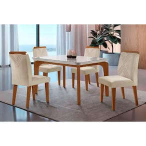 Sala de Jantar Completa Londrina Tampo Madeirado c/ Vidro Curvo 120x80 e 4 Cadeiras Amsterdã Capuccino/Suede Creme - Rufato