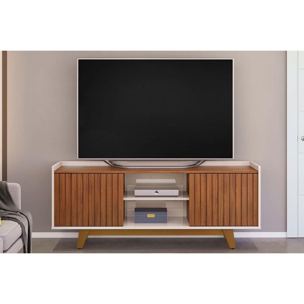 Rack Bancada p/ TV até 60 Pol Flat Ripado c/ 2 Portas 150x60cm Freijó/Off White - DJ Móveis