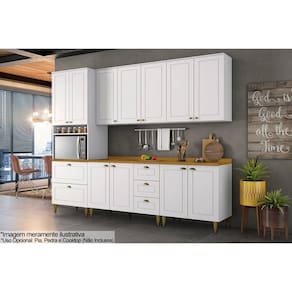 Cozinha Completa Americana c/ Pés 7 Peças (2Aéreos+2Balcões+1Paneleiro+2Complementos) C5P60 Branco - Henn