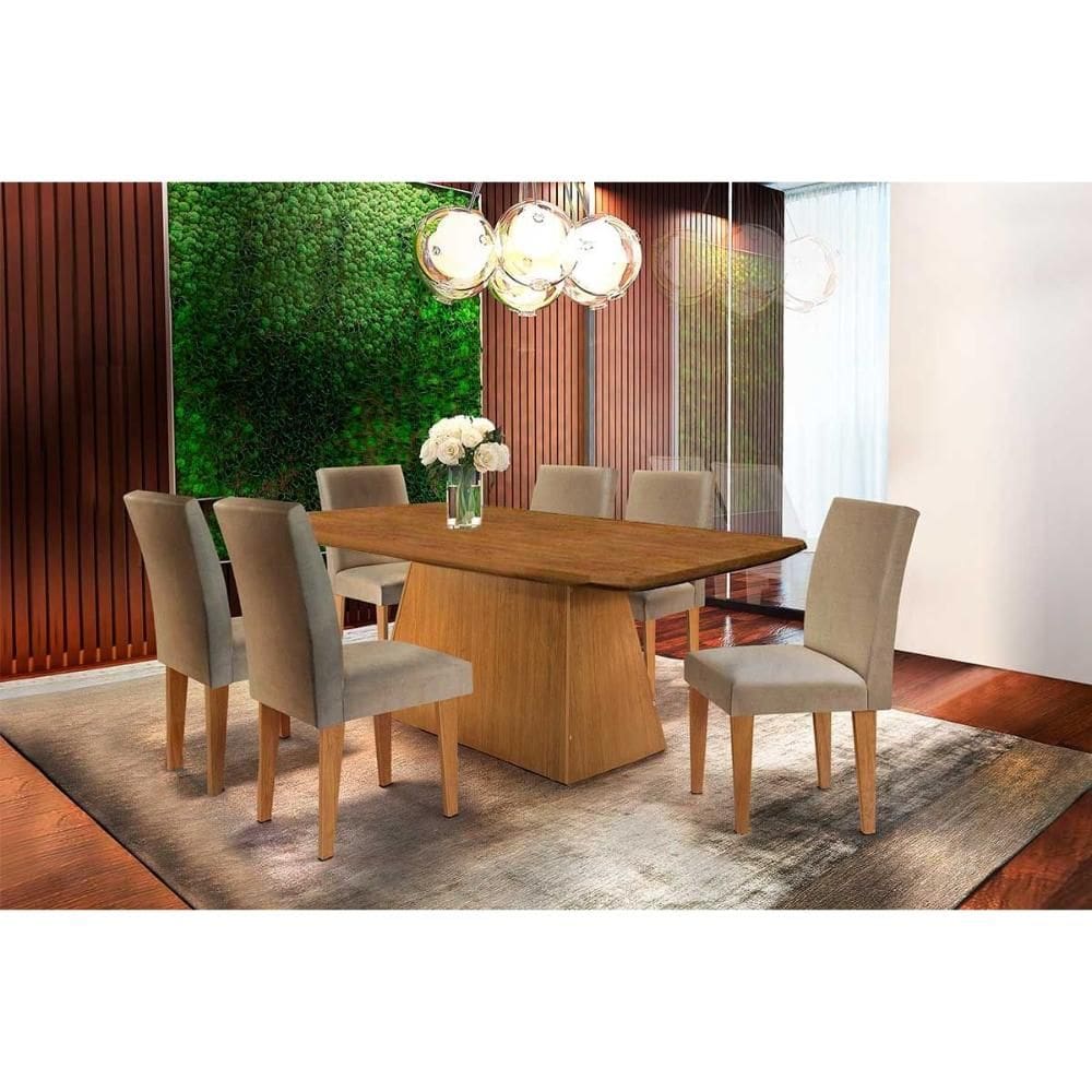 Sala de Jantar Completa Luna Tampo Madeirado Canto Curvo 180x90cm e 6 Cadeiras Grécia Capuccino/Linho Bege Turim - Rufato