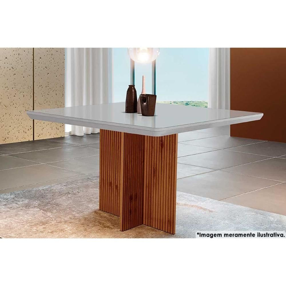 Mesa de Sala Jantar Berlim c/ Tampo 90x90cm Madeirado Vidro Canto Curvo - Imbuia Ripado 3D/Off White - Rufato