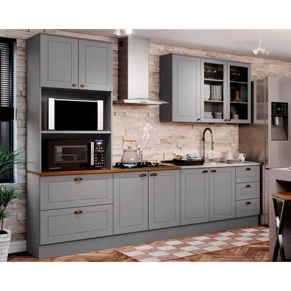 Kit de Cozinha Modulada 5 Peças Americana (1 Aéreo. 2 Balcões, 1 Paneleiro, 1 Complemento) Cinza - Henn