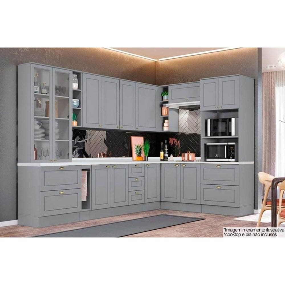Cozinha Modulada Completa Americana 14 Peças (3 Armários + 4 Balcões + 1 Paneleiro + 6 Complementos) C14P02 Cinza - Henn
