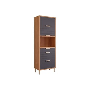 Torre Quente de Cozinha Paneleiro Eloise c/ 3 Portas Basculantes Riscadas 1 Nicho p/ Forno e 2 Gavetas 70 cm Freijo/Titanium - MGM