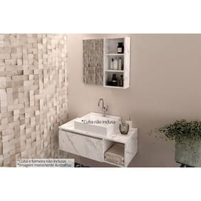 Conjunto de Banheiro Balcão Suspenso BN3601 s/ Cuba 80cm e Armário c/ Espelho BN3610 Mármore Branco - Tecno Mobili