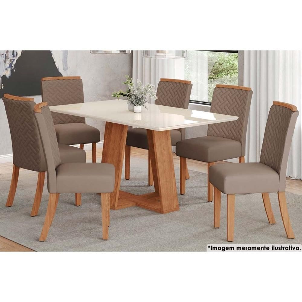 Sala de Jantar Completa Lins c/ Tampo Madeirado c/ Vidro 160x90cm e 6 Cadeiras Malu Nature/Suede Light Marrom Amendoa - Henn
