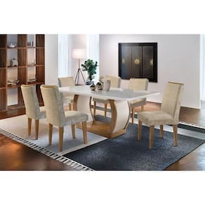 Sala de Jantar Completa Jade Tampo Madeirado c/ Vidro Canto Curvo 180x90cm e 6 Cadeiras Lunara Capuccino/Suede Capuccino - Rufato