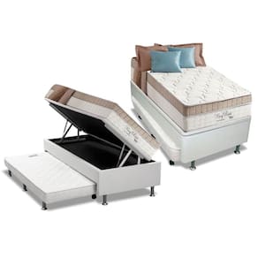 Cama Box Baú c/ Auxiliar Solteiro: Colchão Molas D Angelis Anjos Superlastic King Best + Base CRC Courano Branco (88x188)