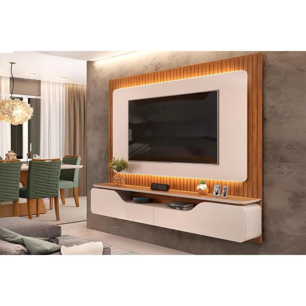 Painel Home p/ TV até 70 Polegadas Treviso Ripado 100% MDF c/ Led 210x180cm Off White/Freijó - DJ Móveis