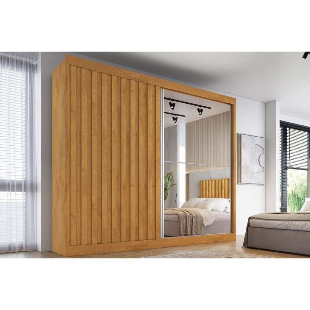 Guarda Roupa Casal 2 Portas de Correr (1 Ripada e 1 c/ Espelho) e 4 Gavetas Atlanta Peroba - Europa