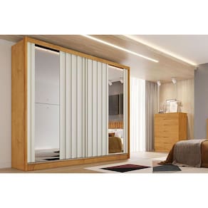 Guarda Roupa Casal 2 Portas de Correr Ripadas c/ Espelhos e 4 Gavetas Galati Peroba/Off White - Europa