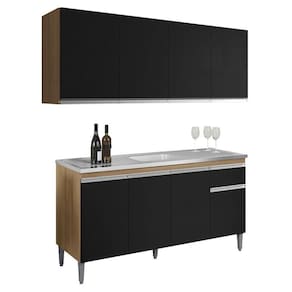Balcão de Pia Tatiane 145 cm e Armário Aéreo Andreia 4 Portas 160 cm Amêndoa Preto – AJL