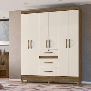 Guarda Roupa Casal 6 Portas 3 Gavetas Castanho Wood - Baunilha Itatiba - Moval