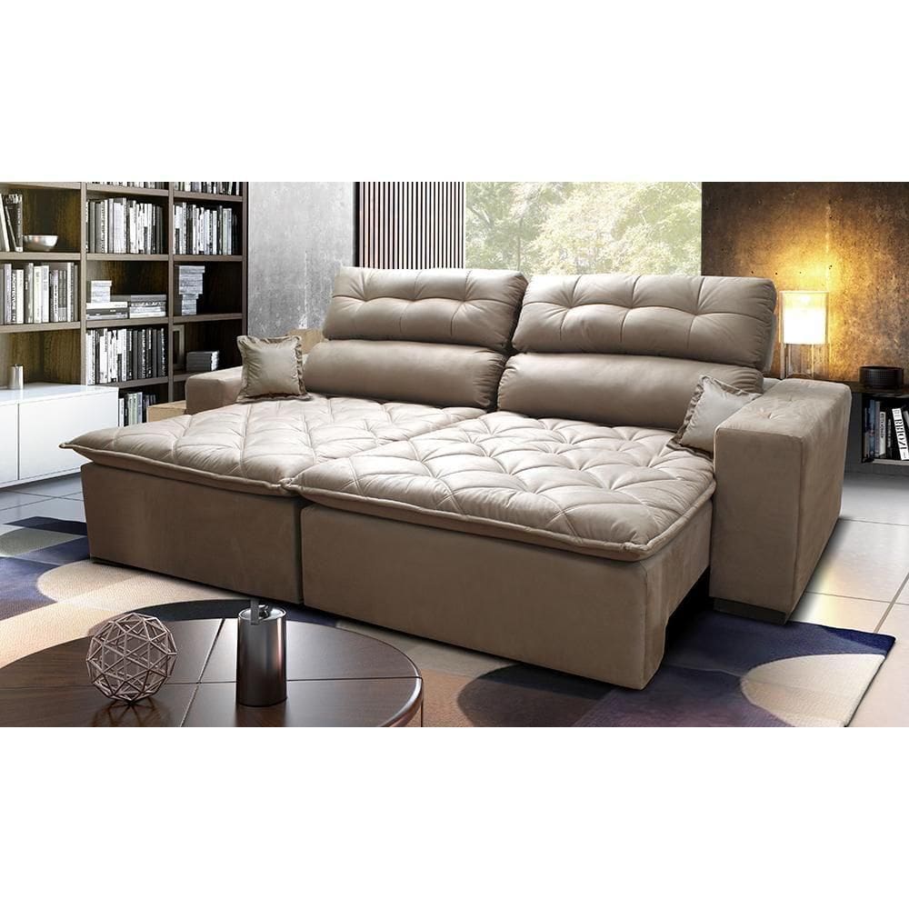 Sofá 2,62m Retrátil E Reclinável Com Molas Cama Inbox Confort Tecido Suede Velft Castor