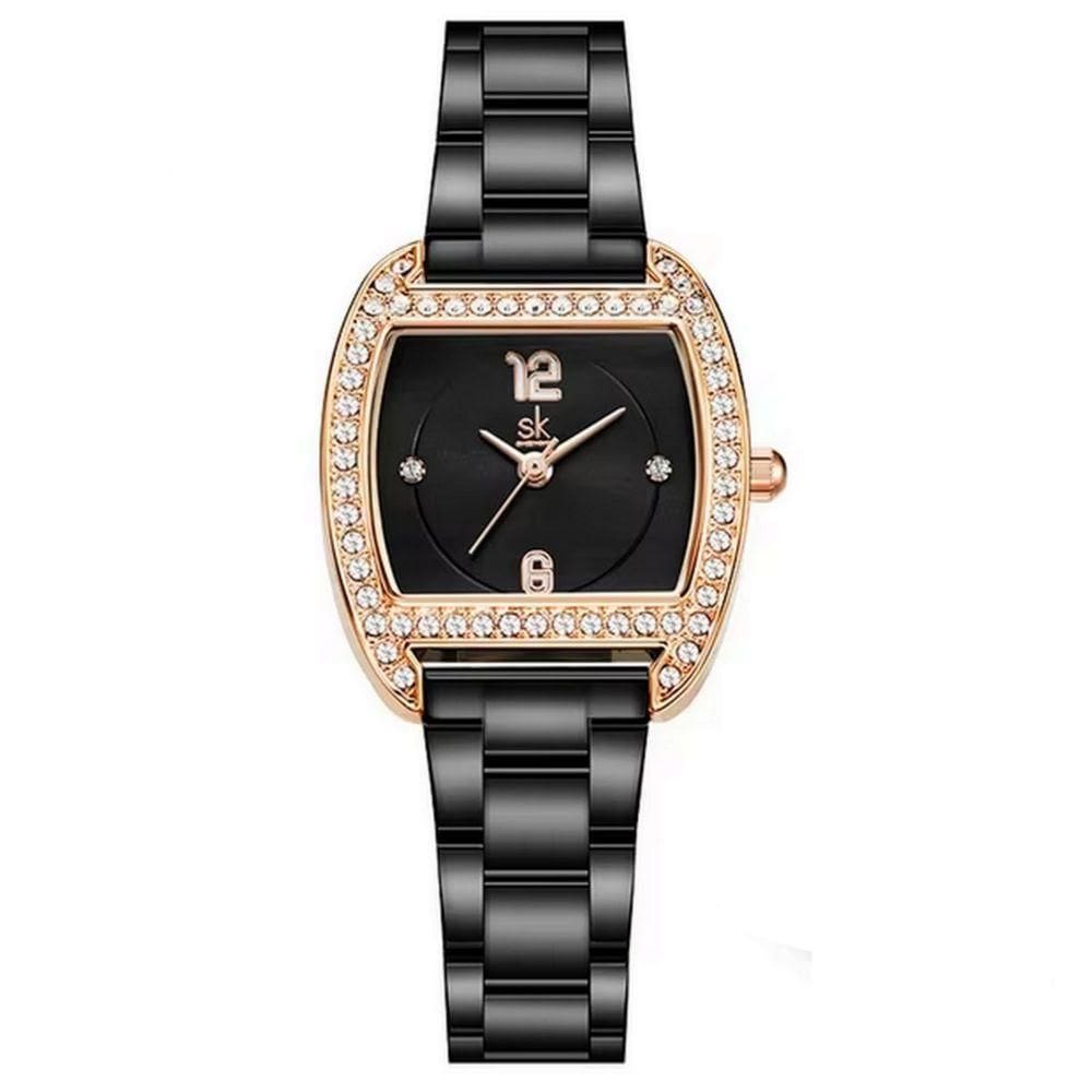 Relógio Feminino Em Aço Inoxidavel Quadrado De Quartzo Design Com Strass Preto