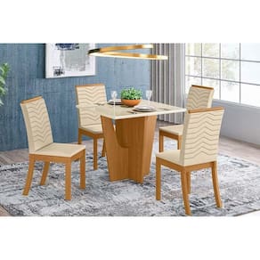 Sala de Jantar Completa Vértice Tampo Madeirado c/ Vidro 90x90cm e 4 Cadeiras Isa Nature/Linho - Henn