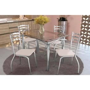 Sala de Jantar Completa Elba Aço c/ Tampo de Vidro 120x80cm e 4 Cadeiras Portugal Cromada/Branco 106 - Kappesberg