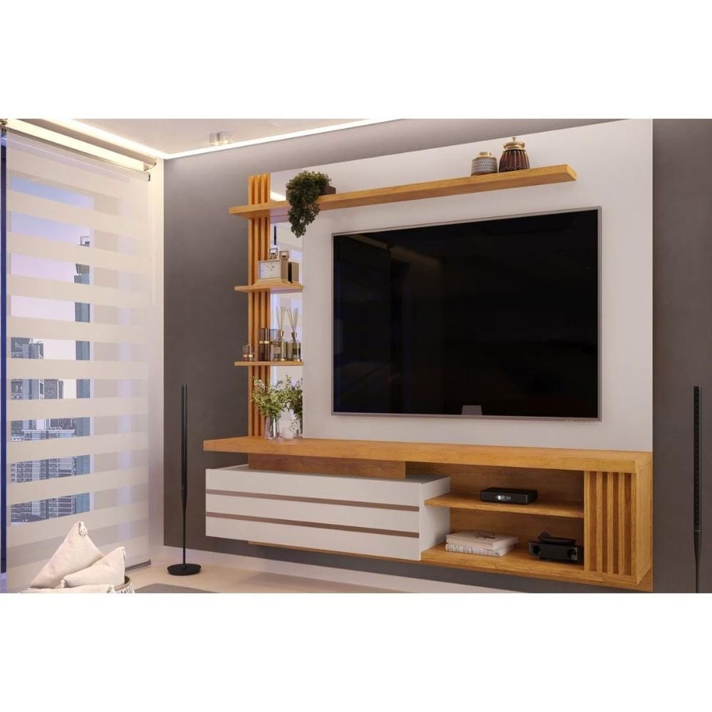 Painel Home p/ TV até 55 Pol Marin c/ 1 Porta e Torre Ripada 160x153cm Bali/Cedro - DJ Móveis