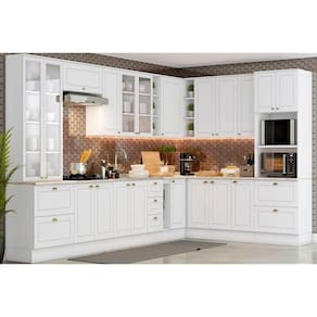 Cozinha Modulada Completa Americana 19 Peças (1 Torre Quente + 1 Cristaleira + 6 Aéreos + 5 Balcões + 1 Porta Toalha + 5 Tampos) CZ264 Branco - Henn