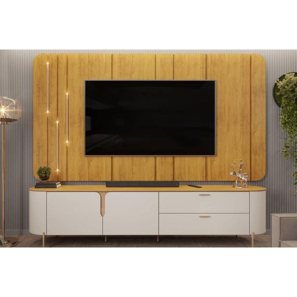 Rack Bancada c/ Painel p/ TV até 75 Pol Celine Led 2 Portas e 2 Gavetas 241x189cm Bali/Cedro - DJ Móveis
