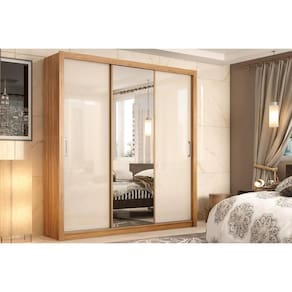 Guarda Roupa Casal 3 Portas de Correr (1 c/ Espelho) e 2 Gavetas Residence Flex Amêndola/Amêndola ou Off white - Demóbile