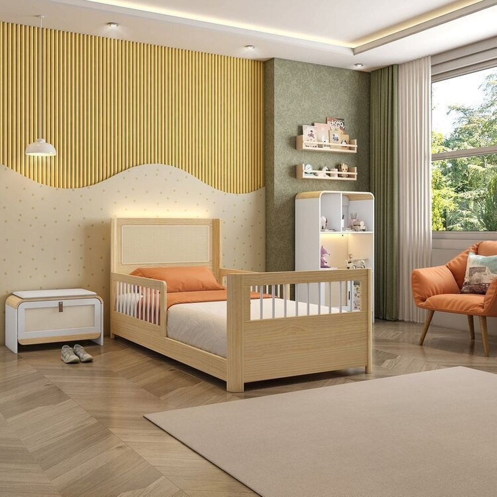 Cama Solteiro Wave Juvenil Reversível Led com Rattan, Grade de Proteção e Peseira Palito Casatema Branco/Natural