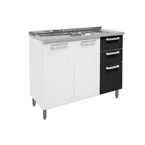 Balcão de Cozinha Gabinete c/Pia Múltipla 6015 3 Portas e 2 Gavetas 105cm Branco/Preto - Bertolini
