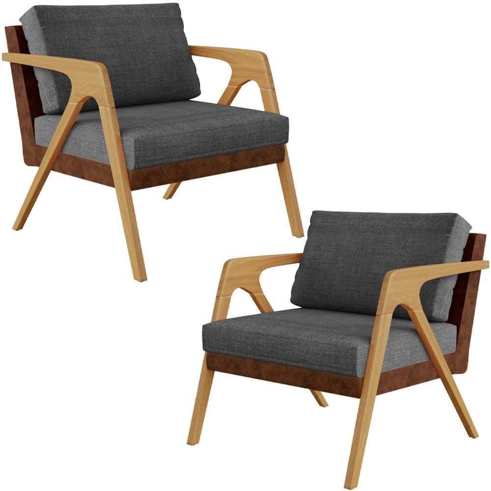 Kit 02 Poltronas Pietra L02 Marrom Linho Cinza Escuro