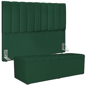 Kit Cabeceira Casal Queen 160cm Calçadeira Baú Verde Musgo