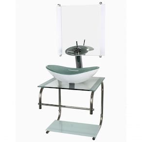 Gabinete Vidro Cuba Oval 40cm Inox Branco Torneira Cascata