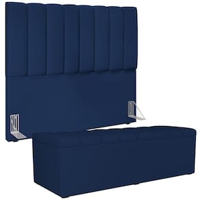 Kit Cabeceira Casal 140cm Calçadeira Baú Azul Marinho
