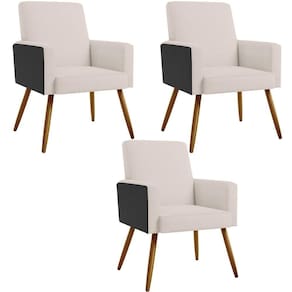 Kit 03 Poltronas Pés Palito Linho Cru Couríssimo Preto