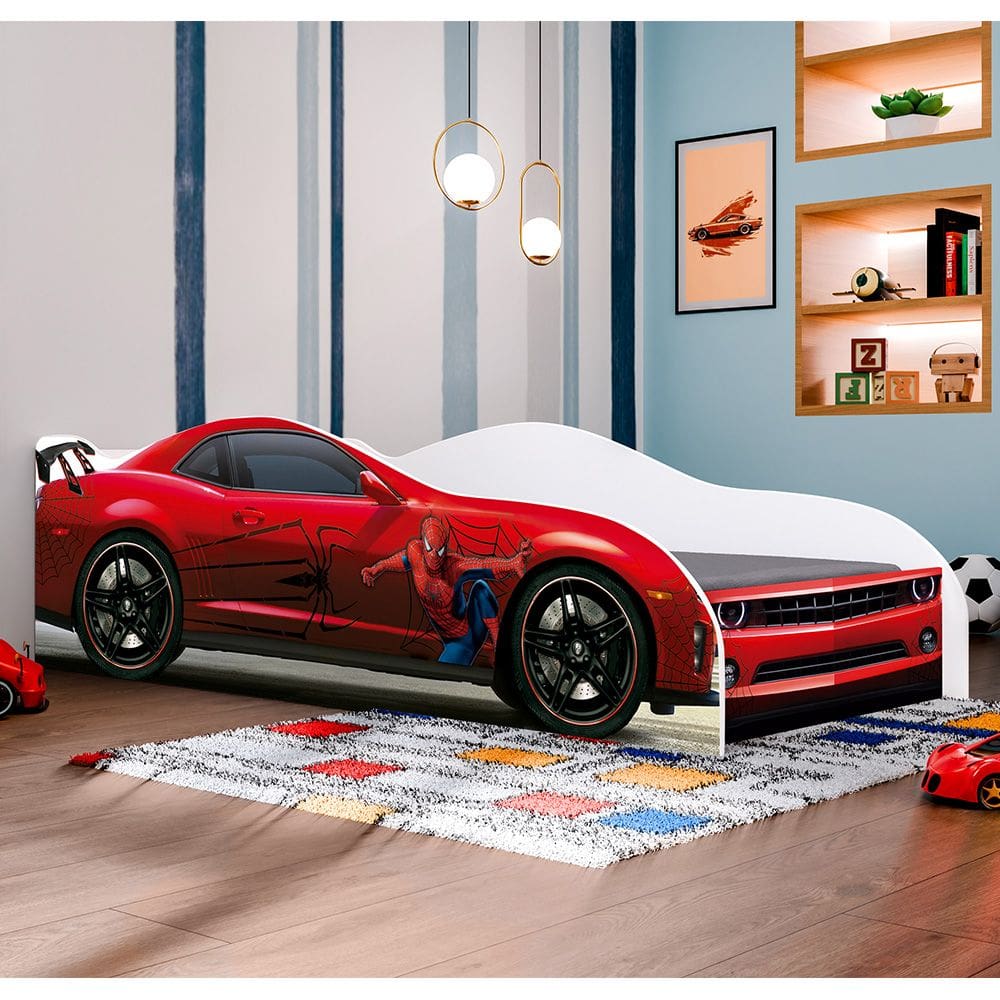 Conjunto Cama Carro Infantil Aranha Personagens Mdf Com Colchão - Vermelho