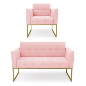 Kit 1 Sofá Namoradeira E 1 Poltrona Elisa Suede Rosa Bebê Base Metálica Industrial Dourada - D`rossi