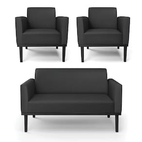 Conjunto 2 Poltronas E 1 Namoradeira Decorativa Pés Fixo Em Madeira Preto Pu Preto