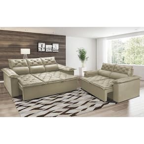 Conjunto De Sofá 3 E 2 Lugares Retrátil E Reclinável Cama Inbox Compact 2,00x1,50m Velusoft Bege
