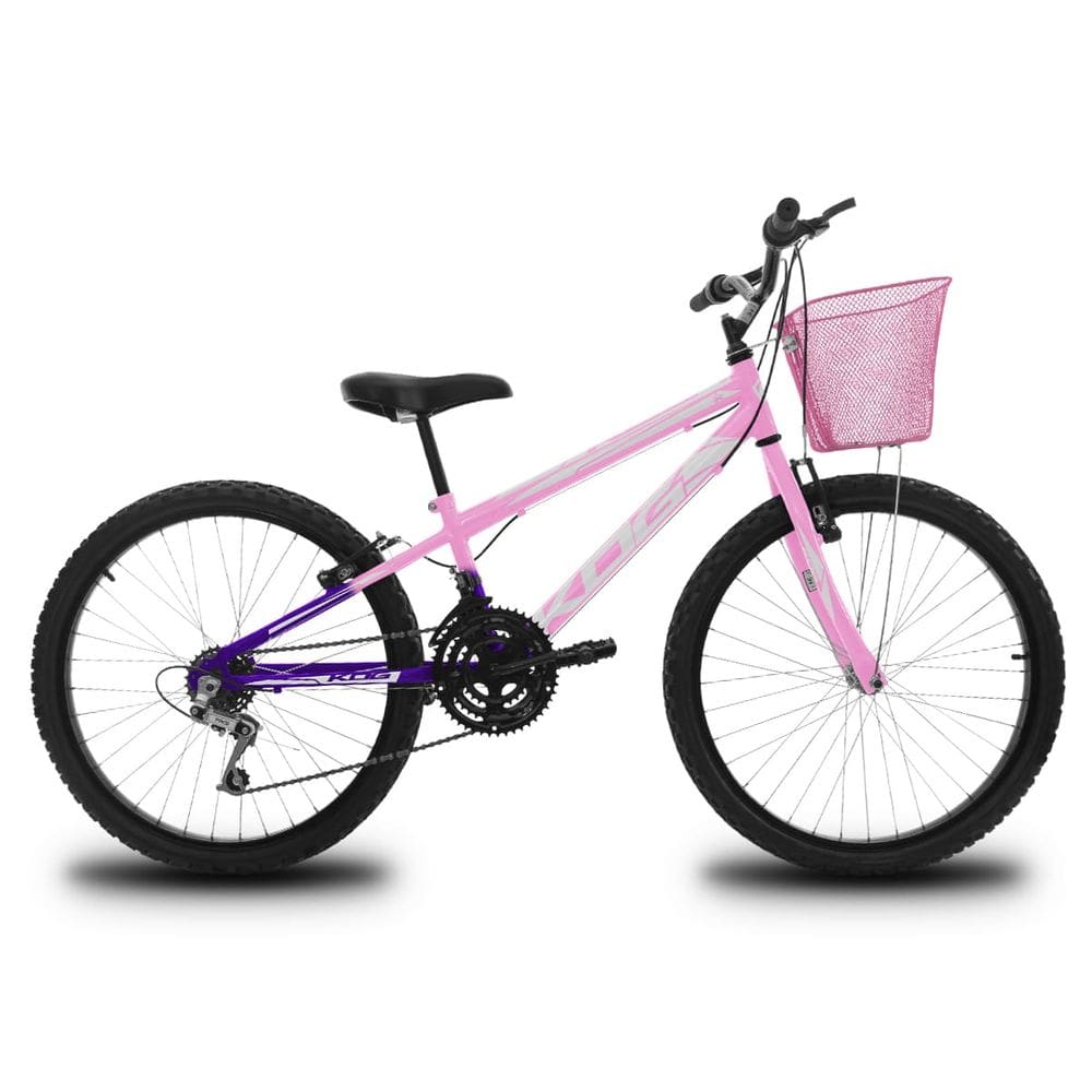 Bicicleta Infantil Aro 24 KOG Feminina 18 Marcha 3x8 Velocidades com Cestinha para Meninas Violeta Degrade Branco