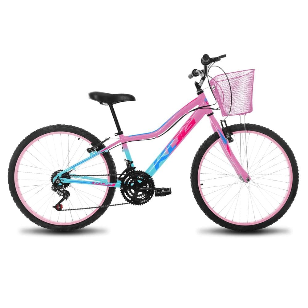 Bicicleta Infantil Aro 24 Feminina KOG Quadro Alumínio 18V Com Cestinha para Meninas Azul Degrade Rosa