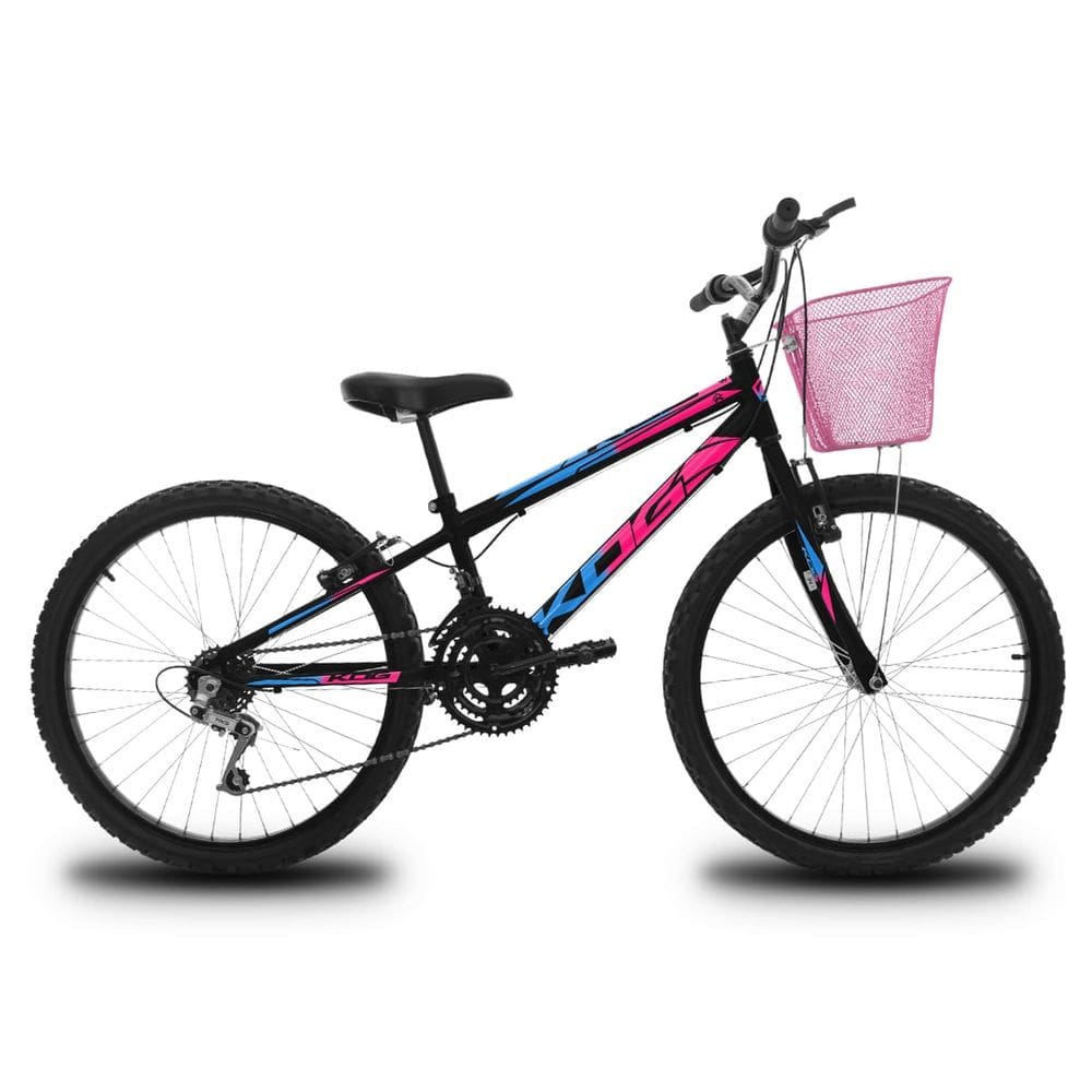 Bicicleta Infantil Aro 24 KOG Feminina 18 Marcha 3x8 Velocidades com Cestinha para Meninas Preto Rosa