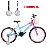 Bicicleta Infantil Aro 20 Feminina Com Rodinha Lateral e Cesta Freios V-Brake Wendy Para Meninas Azul Rosa
