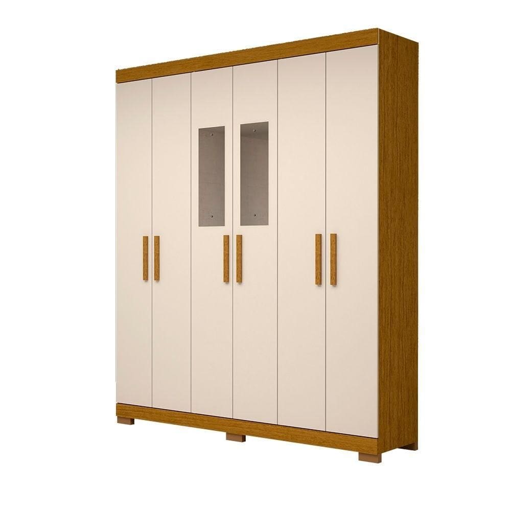 Guarda Roupa Casal 100% Mdf 6 Portas 2 Gavetas Com Espelho Lana Acp Móveis Cinamomo/Off White