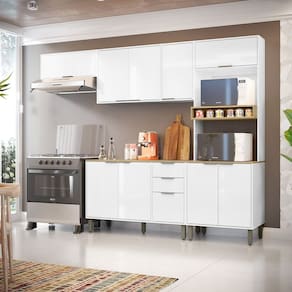 Cozinha Modulada Glória 5 Peças com Aéreo 1200 3 Portas, Tampo e Torre 2 Fornos Branco